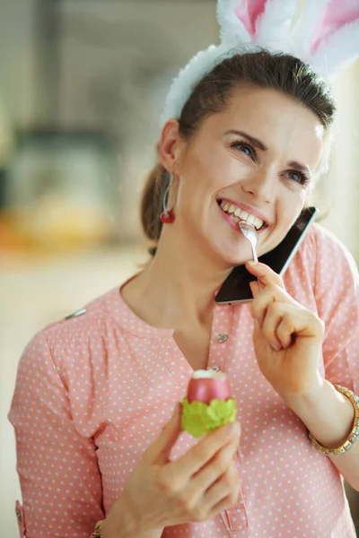 Happy Elegant Woman Pink Blouse Easter Bunny Ears Speaking Mobile — Stock Photo, Image