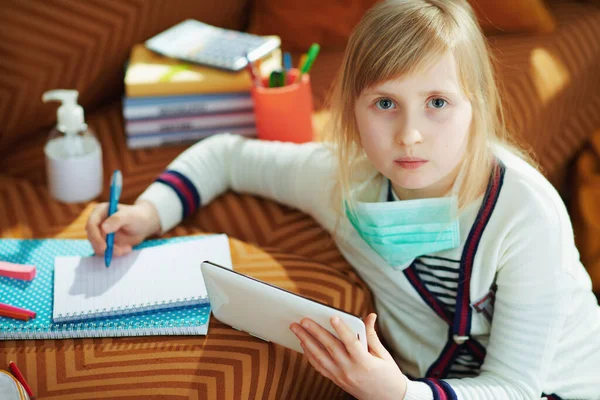 Portrait Young Child White Striped Shirt Medical Mask Sitting Sofa — Stock Photo, Image