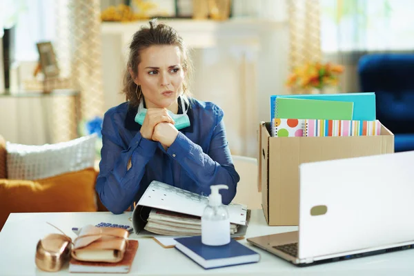 Pensive Elegant Years Old Woman Blue Blouse Medical Mask Working — Stock Photo, Image