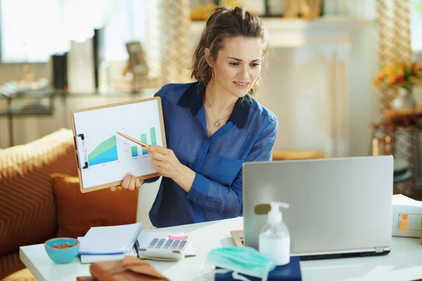 Happy Elegant Middle Age Woman Blue Blouse Modern House Sunny — Stock Photo, Image