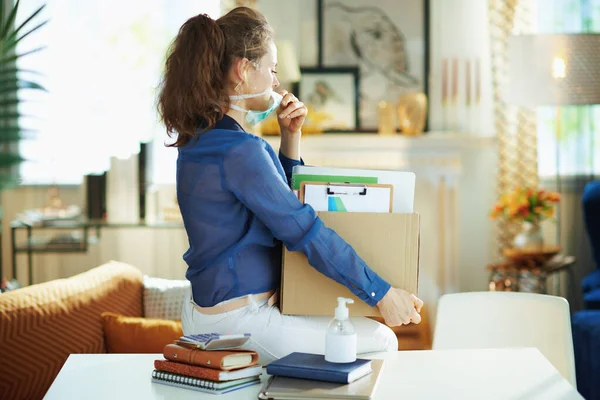 Seen Trendy Woman Blue Blouse Medical Mask Transporting Work Stuff — Stock Photo, Image