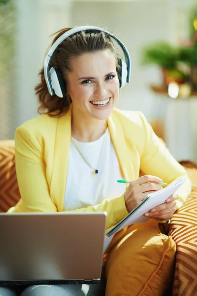 Smiling Modern Student Jeans Yellow Jacket Headphones Using Online School — Stock Photo, Image