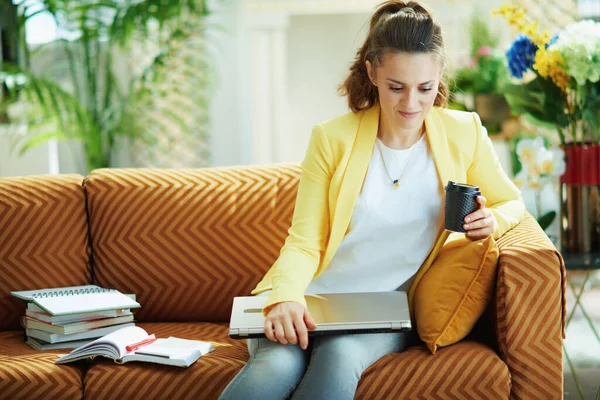 Pensive Young Student Woman Jeans Yellow Jacket Sitting Couch Closed — Stock Photo, Image