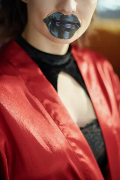 Closeup Woman Black Hydrogel Lip Mask Living Room Sunny Day — Stock Photo, Image