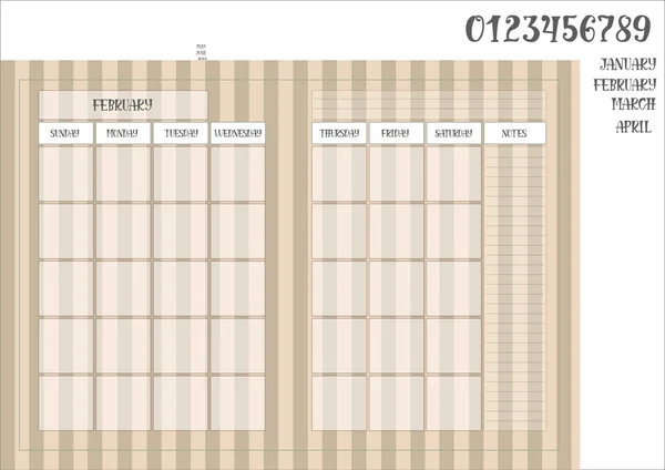 月计划书在条纹棕色背景和月份的名字用数字 — 图库矢量图片