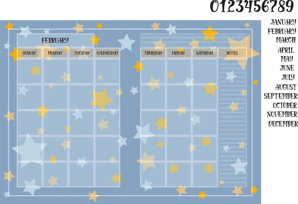 Monatliche Planer Buchgröße Auf Blauem Hintergrund Mit Sternen Namen Von — Stockvektor