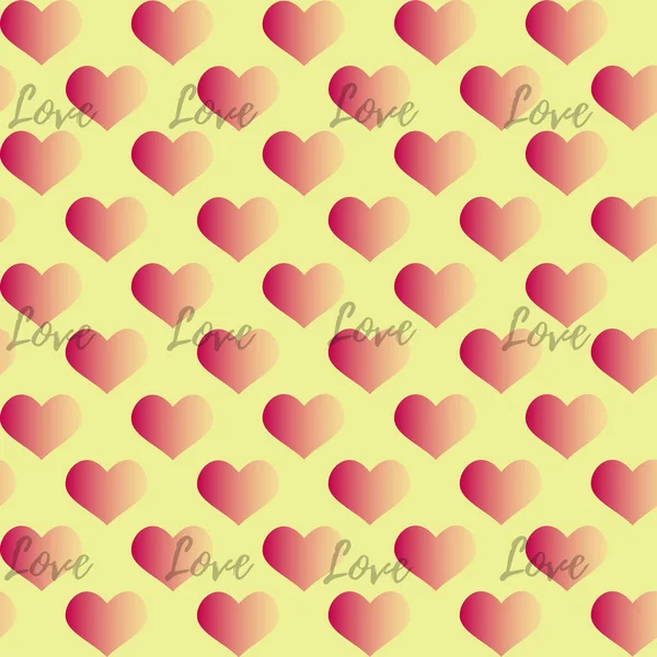 Бесшовный Векторный Рисунок Розовыми Градиентными Сердцами Словом Любовь Желтом Фоне — стоковый вектор