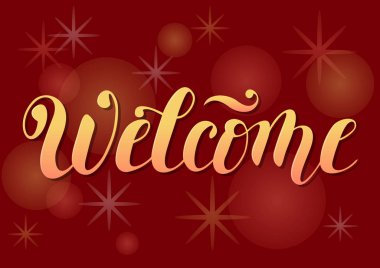 Modern hat yazı ile yıldız koyu kırmızı zemin üzerine gölge degrade pembe ve sarı harflerle hoş geldin