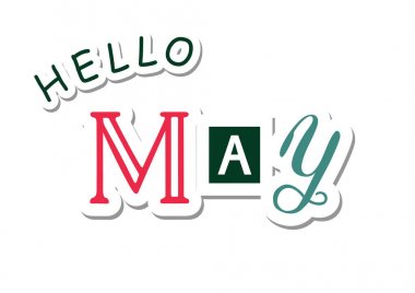 Renkli Merhaba Mayıs ile koyu yeşil farklı harflerle yazı, mavi ve pembe kağıt beyaz zemin üzerine gölge stiliyle kesin takvim, etiket, Dekorasyon, planlayıcısı, günlüğü, poster için