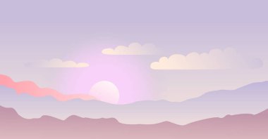 Dağlarda güneşin doğuşuyla birlikte manzaranın tasviri. Poster, dekorasyon, kitap kapağı, arkaplan, afiş, manzara, reklam için bulutların olduğu hassas pastel tonlarda.