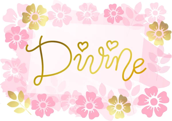 Moderno Mono Línea Caligrafía Letras Divine Dorado Con Corazones Flores — Vector de stock