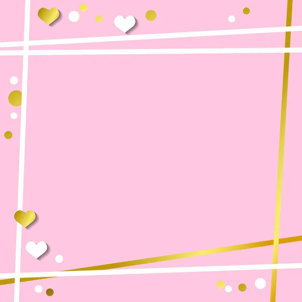 Романтичный Розовый Фон Обрамлением Белых Сердец Конфетти Золотыми Полосами Украшения — стоковый вектор