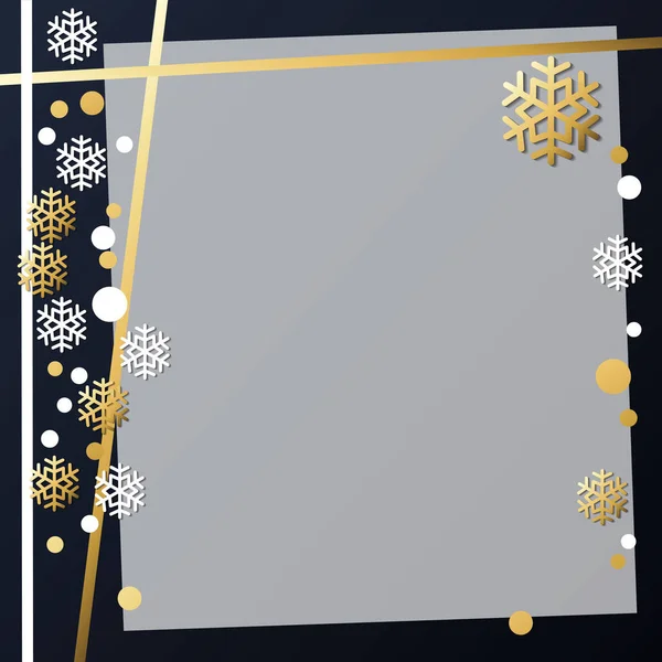Festive Winter Dark Background Frame Golden White Snowflakes Confetti Decoration — Stock Vector