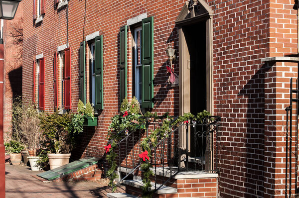 Old vintage city building street brick wall facade