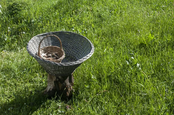 Väderbitna flätade tvättkorgar med trä tvätt pinnar — Stockfoto