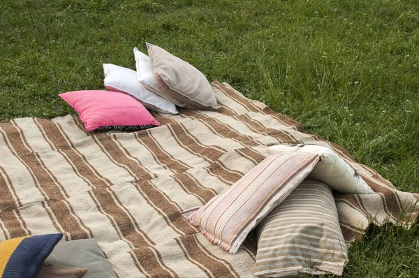 Постільна білизна з різними подушками на лузі — стокове фото