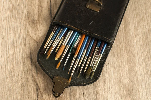 Open Vintage Leather Box Full Different Types Used Paint Brushes — Stock Photo, Image