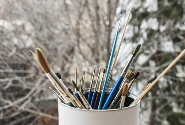 Bunch Different Types Paint Brushes Placed Can Tree Branches Background — Stock Photo, Image