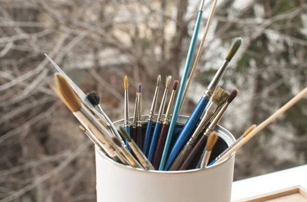 Bunch Different Types Paint Brushes Placed Can Tree Branches Background — Stock Photo, Image