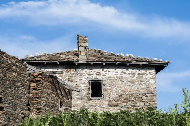 Kırsal kesimdeki taştan bir ev, güneşli bir yaz gününde.