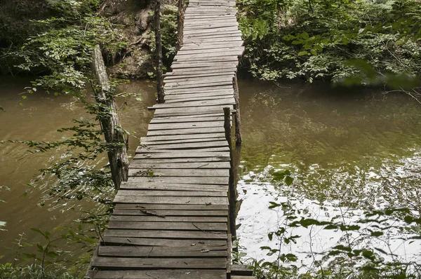 Small Weathered Wooden Boards Bridge River Waters Closeup — Stock Photo, Image