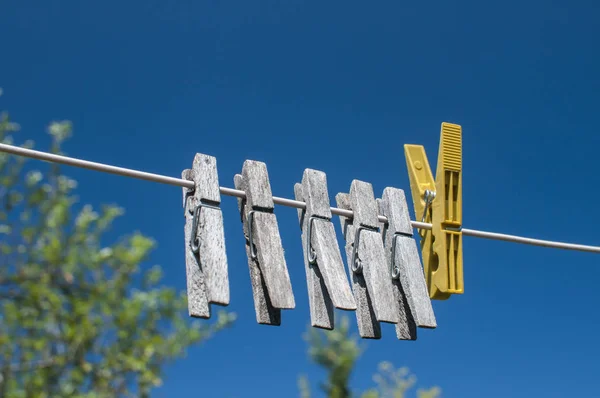 Weathered Wooden Laundry Clamps Hanging String Blue Sky Background — 스톡 사진