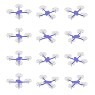 İHA 'nın izometrik görüntüdeki dönüşünün animasyonu. Farklı görüş açıları olan dört köşeli helikopter.