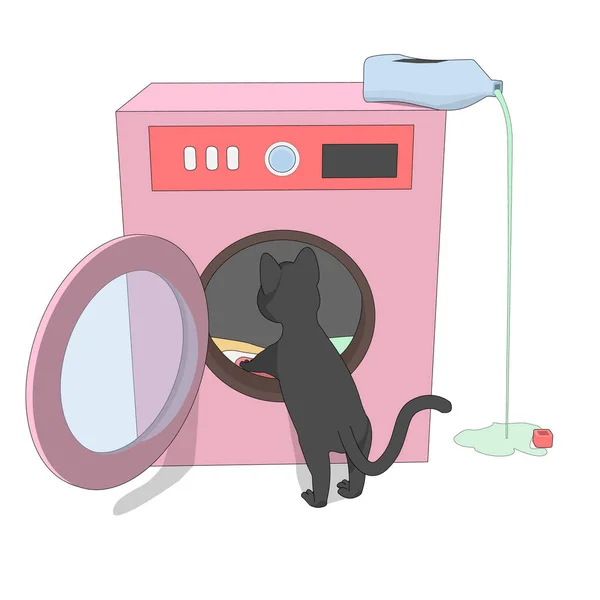 Gray Cat Pink Washing Machine Cartoon Cat Helps Washing — Stock Vector