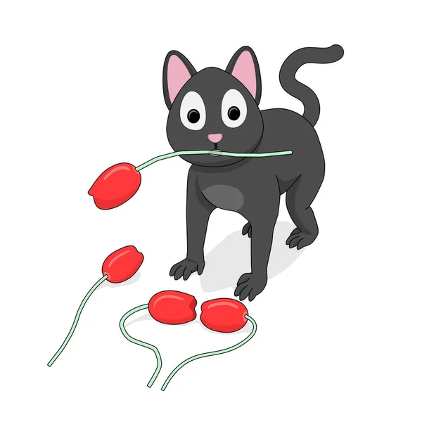チューリップの灰色の猫 漫画の猫は今彼の口の中に赤いチューリップを保持しています — ストックベクタ