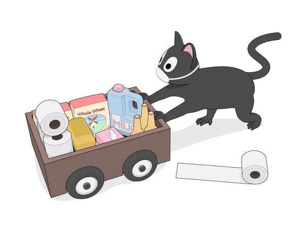 灰色の猫は食べ物と飲み物でカートを押しています 彼の顔に呼吸マスクと漫画の猫は彼の所有者を助けています — ストックベクタ