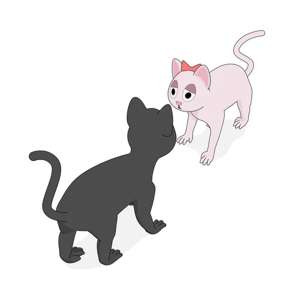 漫画風の灰色の猫と白い猫 灰色の雄猫は白い雌猫に会う — ストックベクタ