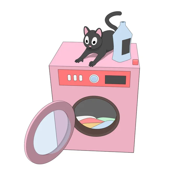 洗濯機の灰色の猫 漫画の猫は洗濯機で遊んでいます — ストックベクタ