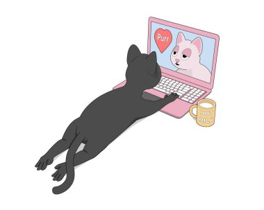 Gri kedi iletişim için bir dizüstü bilgisayar kullanır. Çizgi film kedisi internette kız arkadaşıyla konuşuyor..