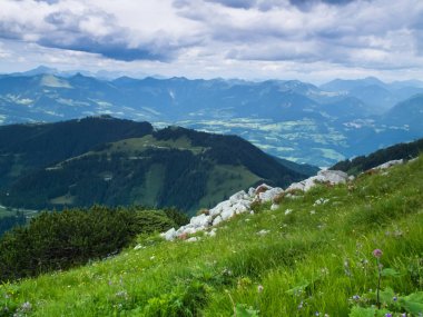 Bulutlu hava Alpler'de. Dağ manzarası. Yaz alan otlar ile