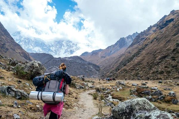 Giovane donna guardando la vista panoramica durante il trekking Salkantay — Foto Stock