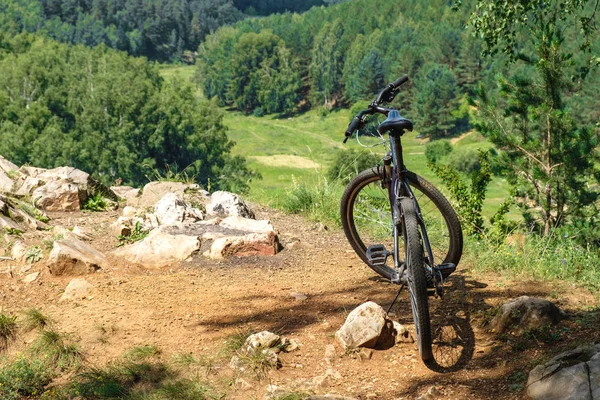 La bicicleta se encuentra en una colina en el borde del acantilado junto al río, en medio de la vida silvestre alrededor del bosque — Foto de Stock