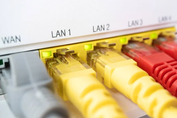 Kabel patch kuning disisipkan dalam router putih, koneksi dengan intro — Stok Foto