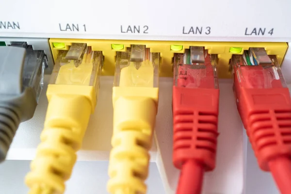 Di setiap port kabel, router rumah untuk akses ke Internet dan kabel dengan warna yang berbeda — Stok Foto