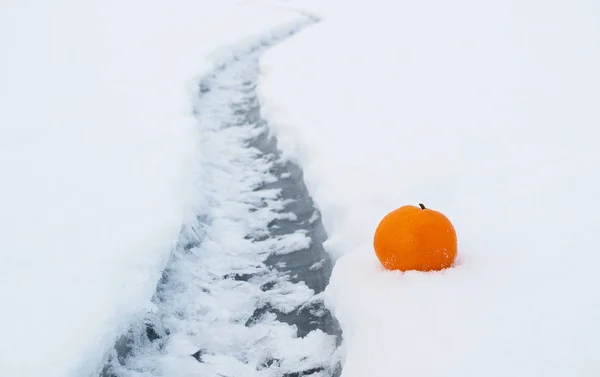 Апельсин Рядом Трещиной Пруду Проходящей Через Лед Зимний Снег — стоковое фото