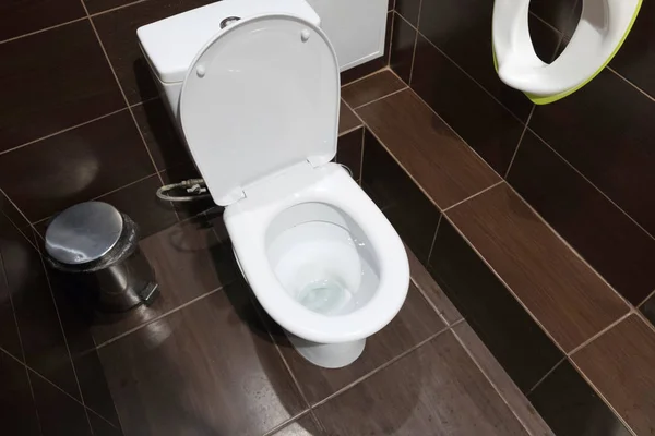 Der Öffentlichen Toilette Braune Fliese Weiße Toilettenschüssel — Stockfoto