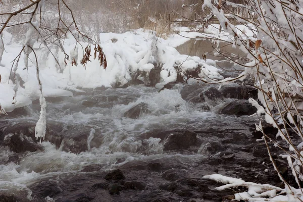 Creek Running Winter Which Does Freeze Stream Steam Snow — Stock Photo, Image