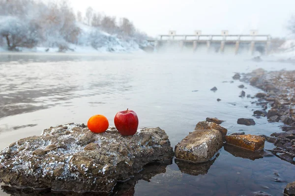 Folyó Egy Narancs Egy Almát Egy Emelvényen Közelében Téli Idő — Stock Fotó