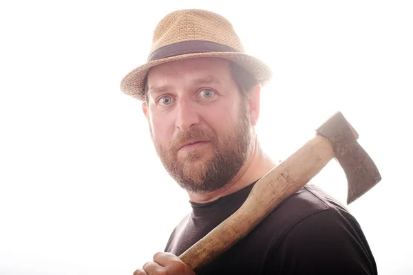 Volto sorpreso di un uomo con la barba che porta un cappello in testa — Foto Stock