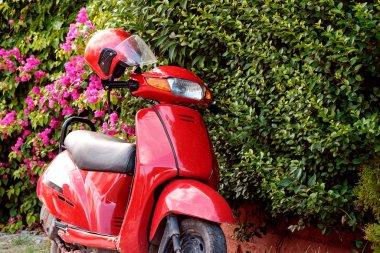 Yeşil bir çitin arkasında, direksiyonda kaskı olan parlak kırmızı bir scooter var.