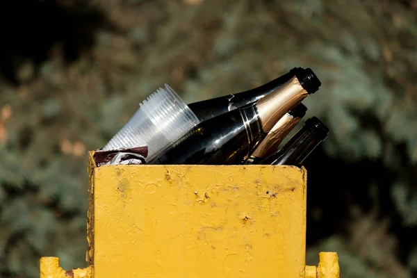 discarded bottles in a trash can on the street background trees