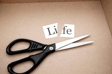 Yazı hayatına sahip bir kağıt parçasına yazılmış bir kelime. Hayatı bir kutuda makasla kes