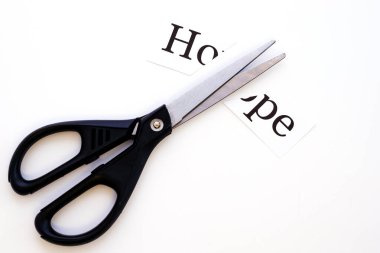 Üstü yazılı olan kağıt beyaz arka planda makasla kesilir. Kayıp umut kavramı