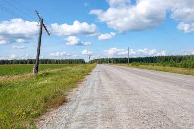 Yol boyunca duran köhne elektrik direkleri. Köye giden eski yol.
