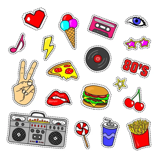 Pop-art stickers met tape recorder, cassette, vinyl record, fast food, hand, lippen en andere elementen. — Stockvector