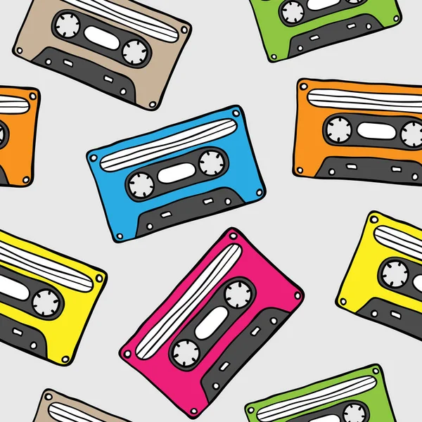 Seamless pattern with retro audio cassette. Hand drawn old audio tape — Stock Vector